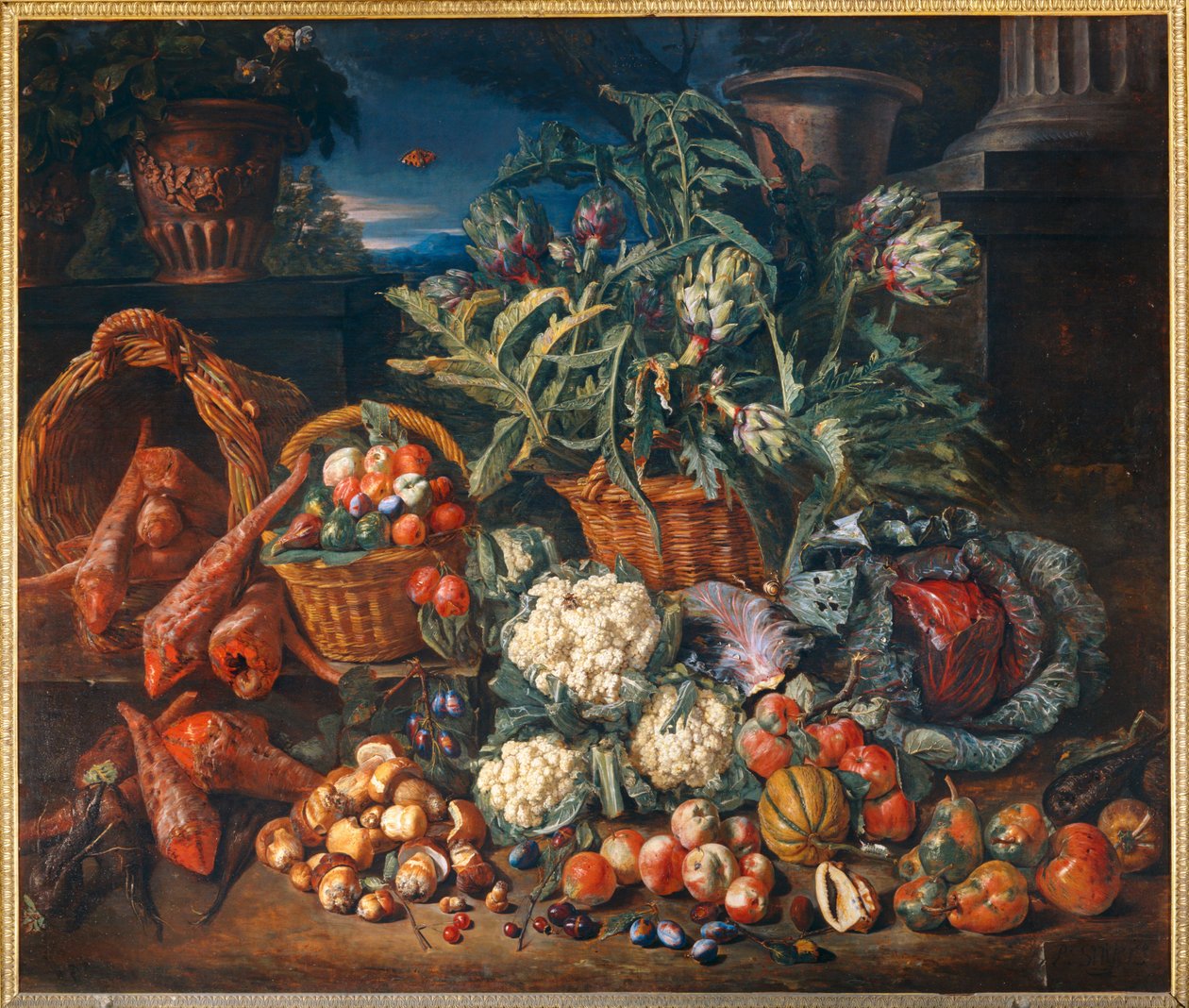 Nature morte: peulvruchten en fruit - Stilleven: Groenten en fruit ... door Pieter Snyers