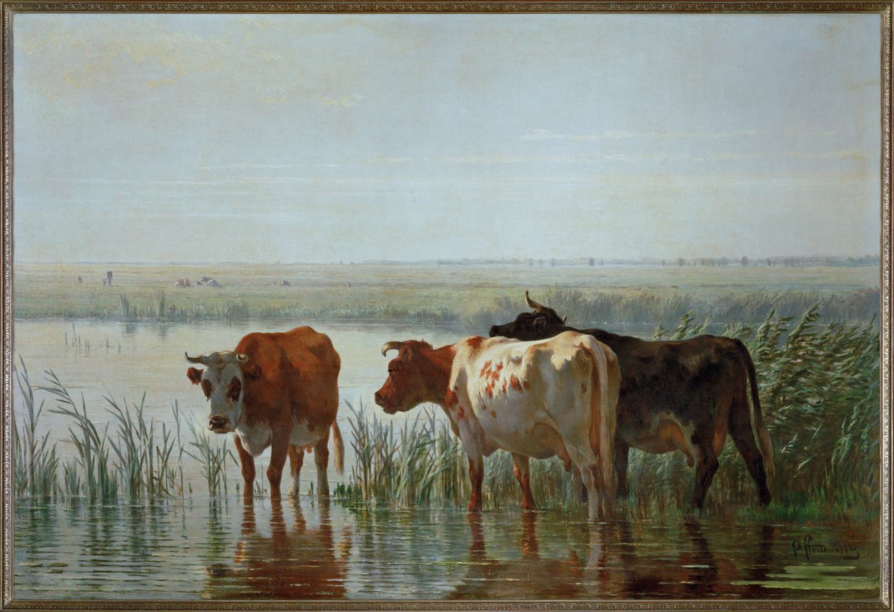 Koeien weerspiegeld in water (schilderij op doek) door Pieter Stortenbeker
