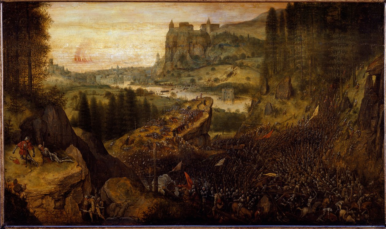 Slag tussen Filistijnen en Israëlieten: Saul en zijn schildknaap werpen zich op hun zwaard door Pieter Bruegel the Elder