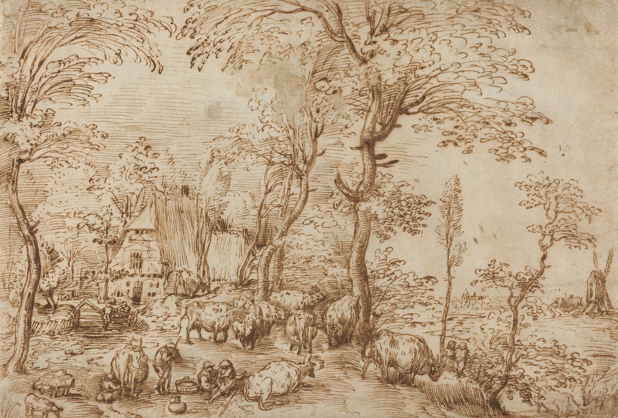 Boeren en vee bij een boerderij door Pieter Bruegel the Elder