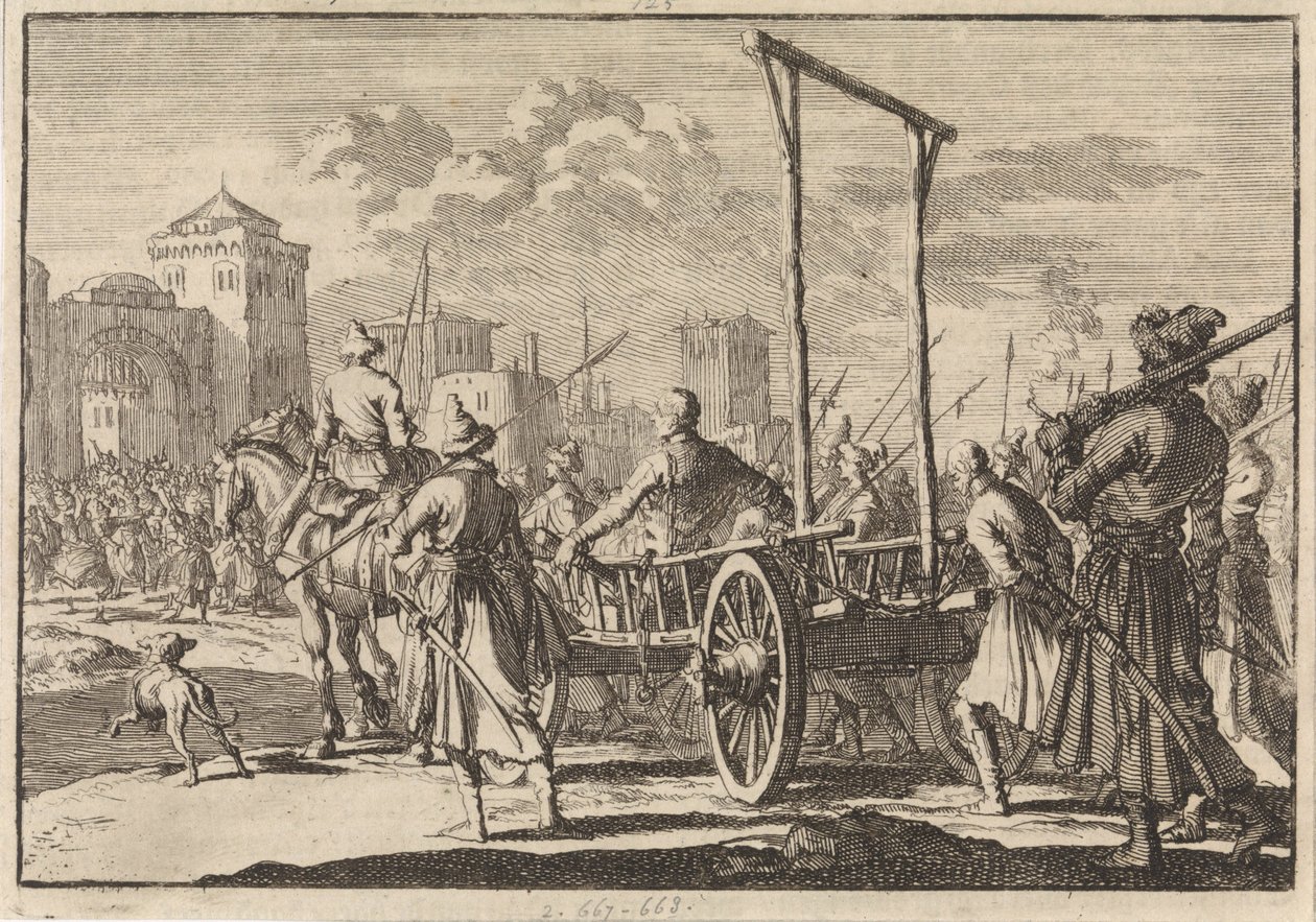 Aankomst van Stepan Razin en zijn broer Frol in een ijzeren kooi in Moskou, 1671, 1698 door Pieter Van der Aa