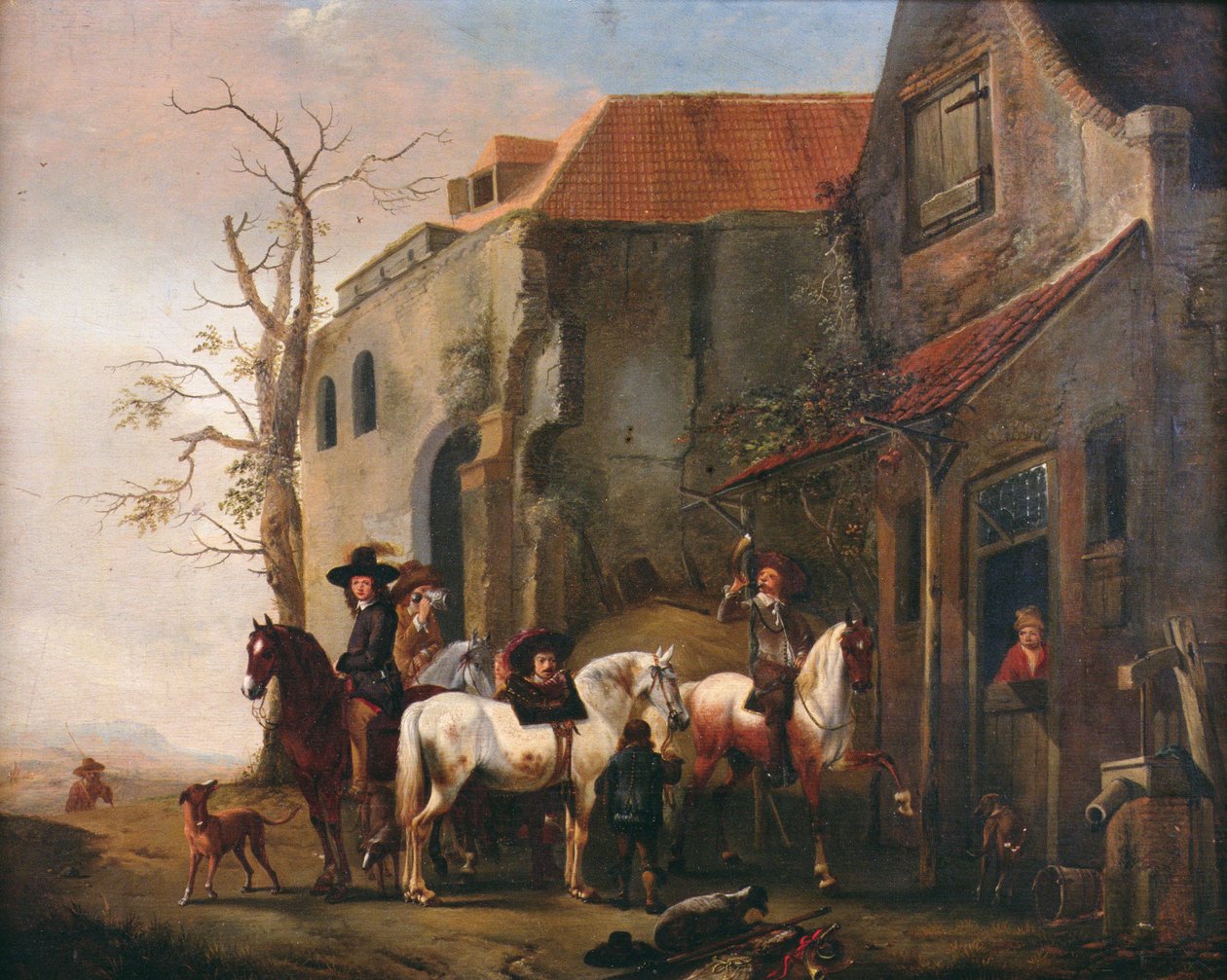 Ruiters en paarden bij de deur van een herberg door Pieter Wouwermans or Wouwerman