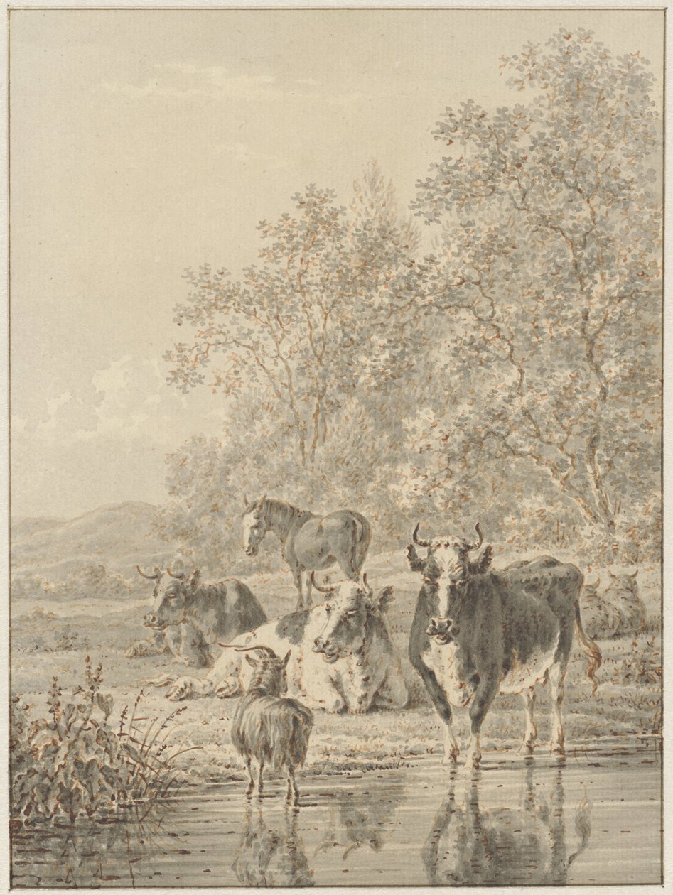 Landschap met vee bij het water door Pieter de Goeje