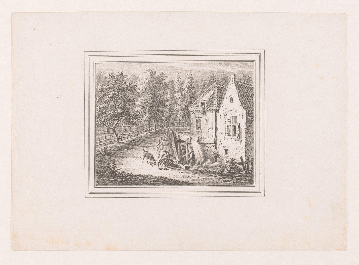 Landschap met watermolen en een grazende geit aan een touw door Pieter de Goeje