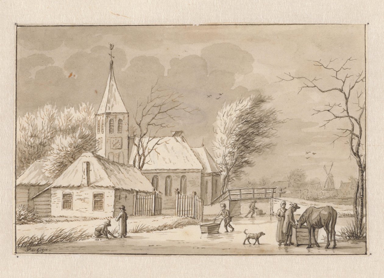 Wintergezicht bij een kerk door Pieter de Goeje