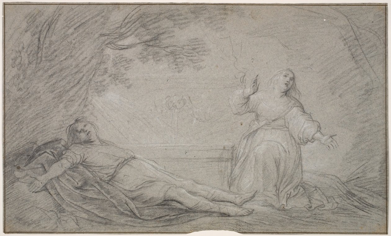 Deens: Een mythologische scène met een vrouw die rouwt om de dood van een jonge man door Pieter de Grebber