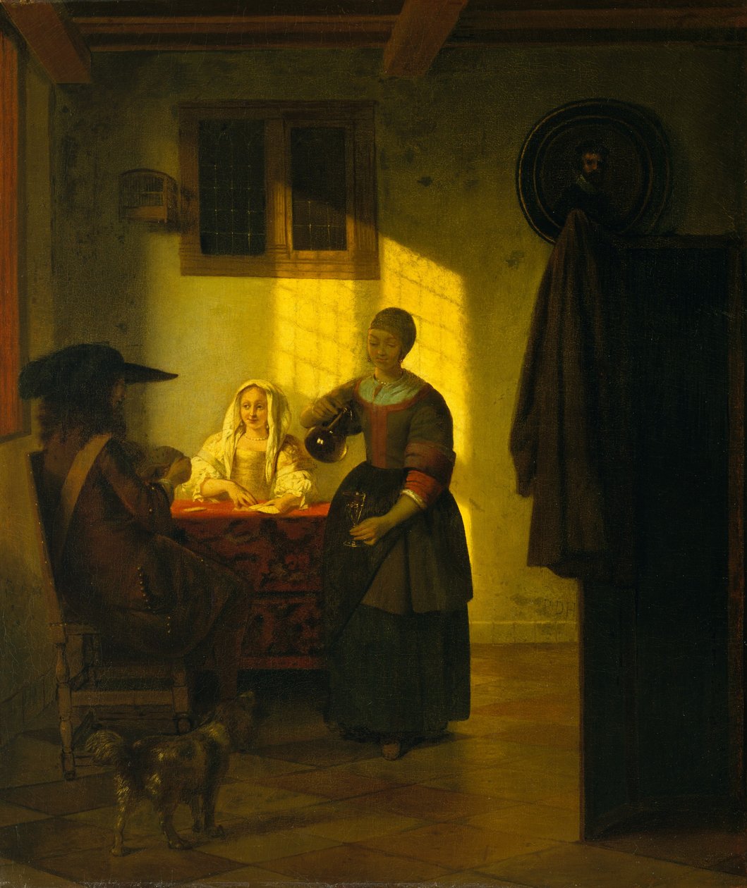 Een stel dat kaarten speelt, met een dienstmeid door Pieter de Hooch