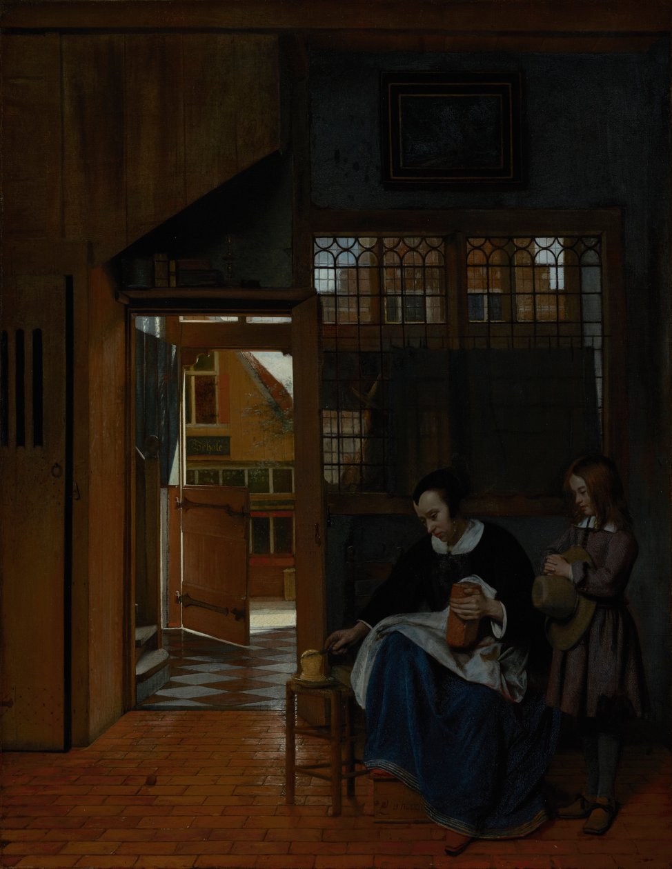 Een vrouw bereidt brood en boter voor een jongen door Pieter de Hooch