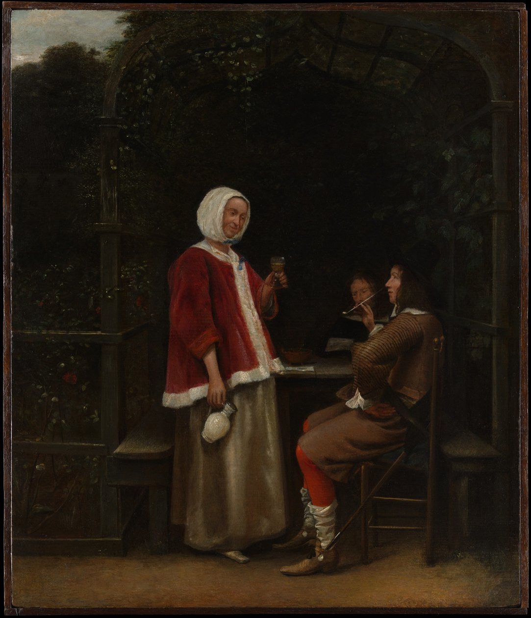 Een vrouw en twee mannen in een prieel door Pieter de Hooch