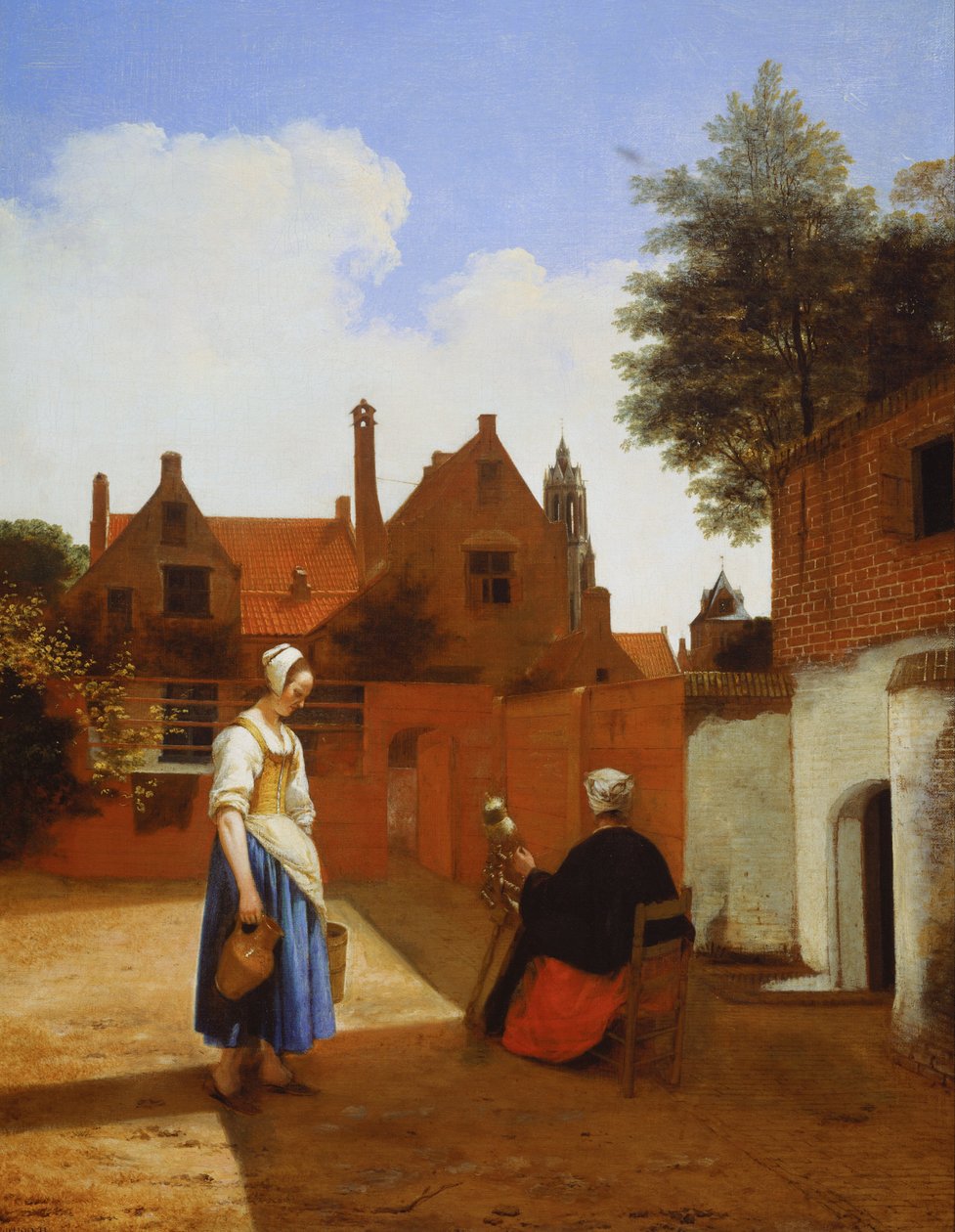 Binnenplaats in Delft in de avond: een spinnende vrouw door Pieter de Hooch