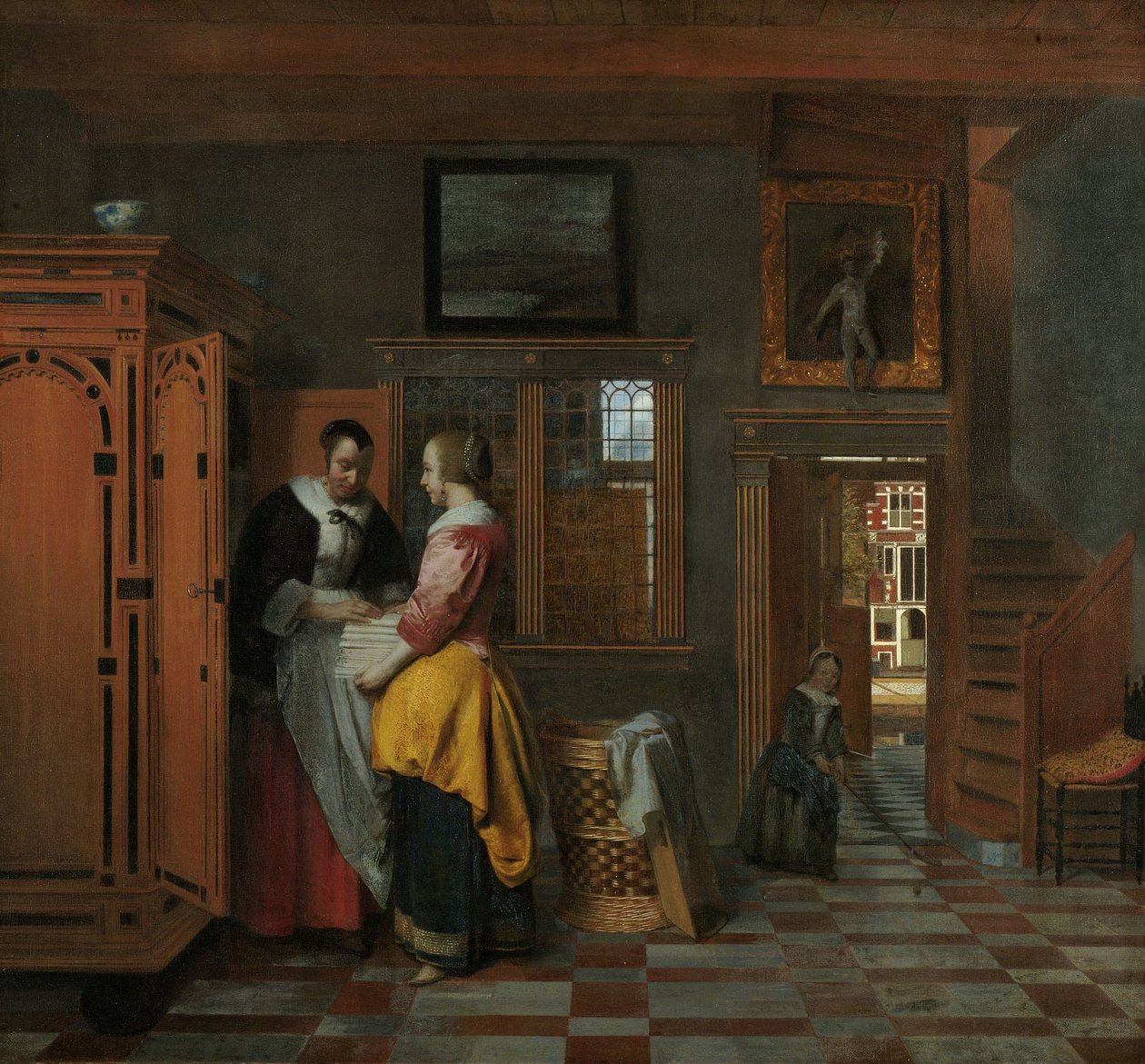 Interieur met vrouwen naast een linnenkast, 1663 door Pieter de Hooch