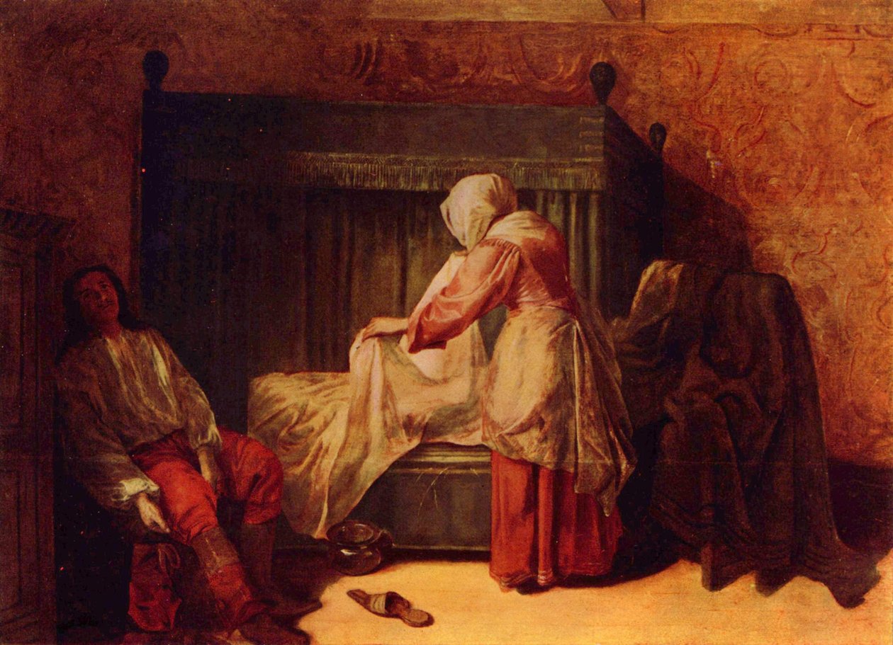 Soldaat trekt aan een laars en vrouw maakt bed op door Pieter de Hooch