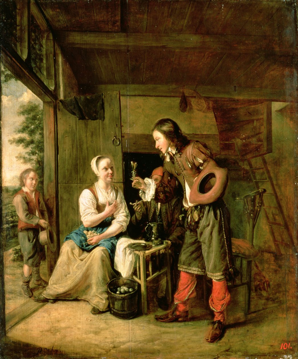 Krijger en dienaar, 1653 door Pieter de Hooch