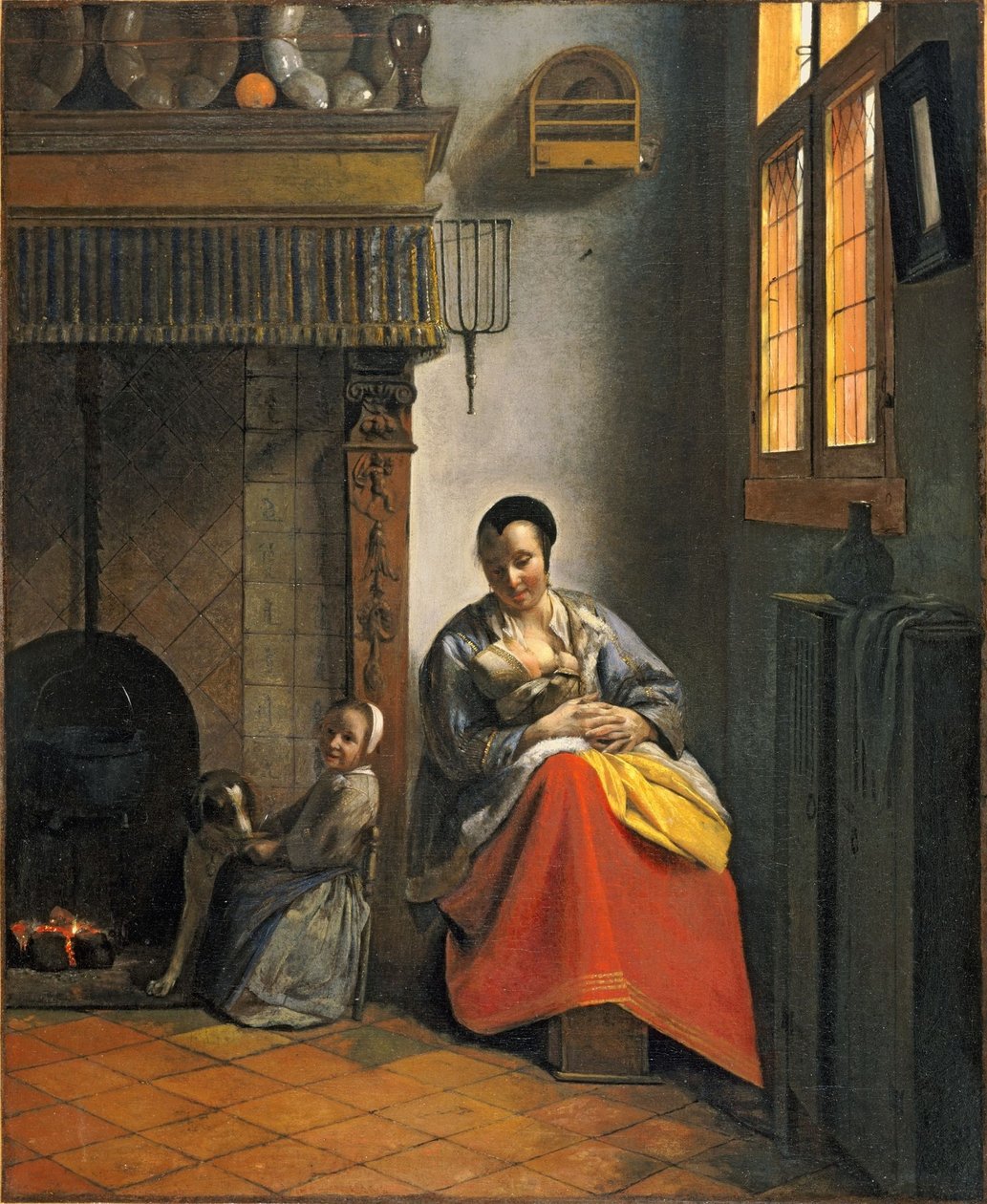 Vrouw die een baby borstvoeding geeft, met een kind en een hond door Pieter de Hooch
