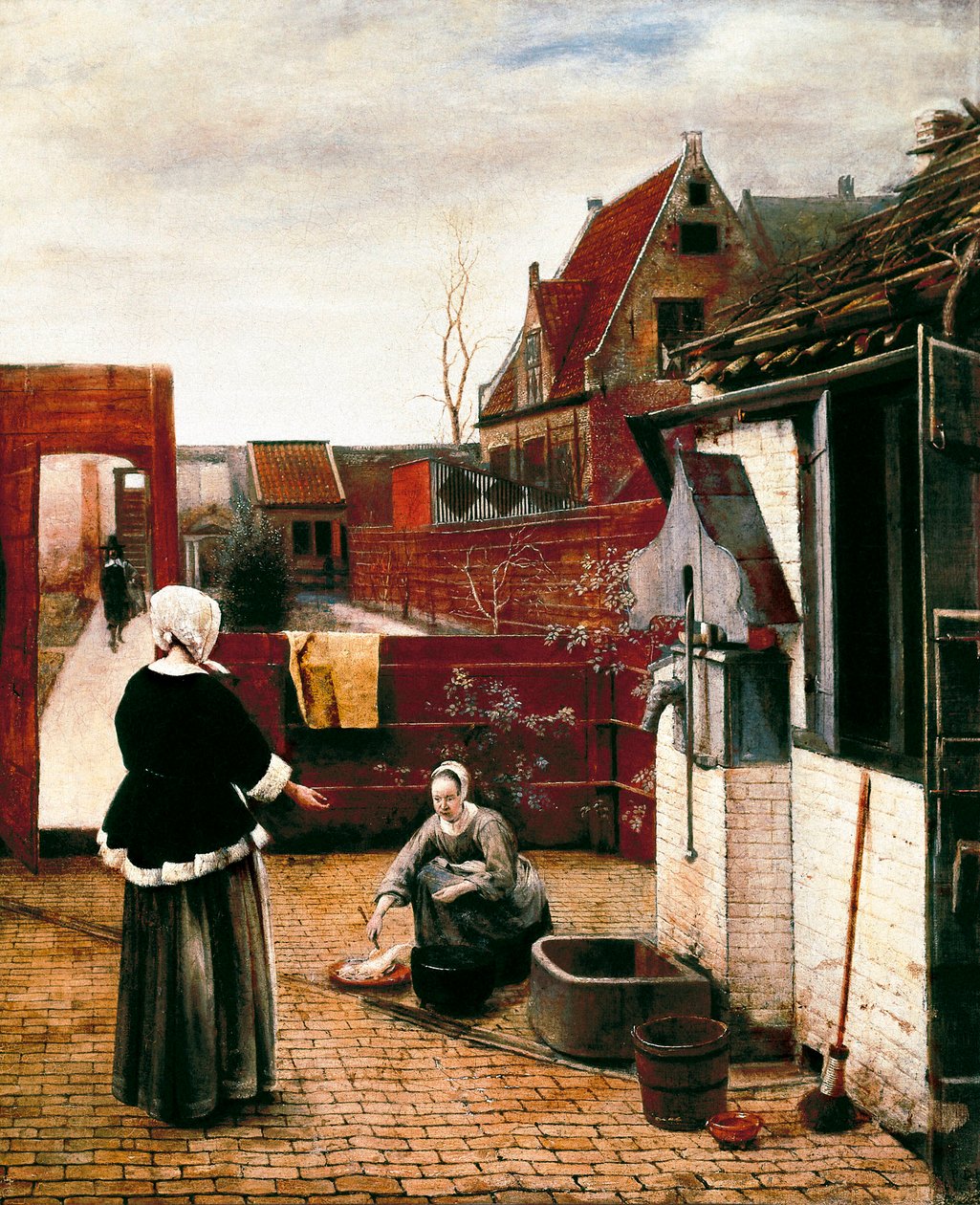 Vrouw en haar dienaar in een hof door Pieter de Hooch