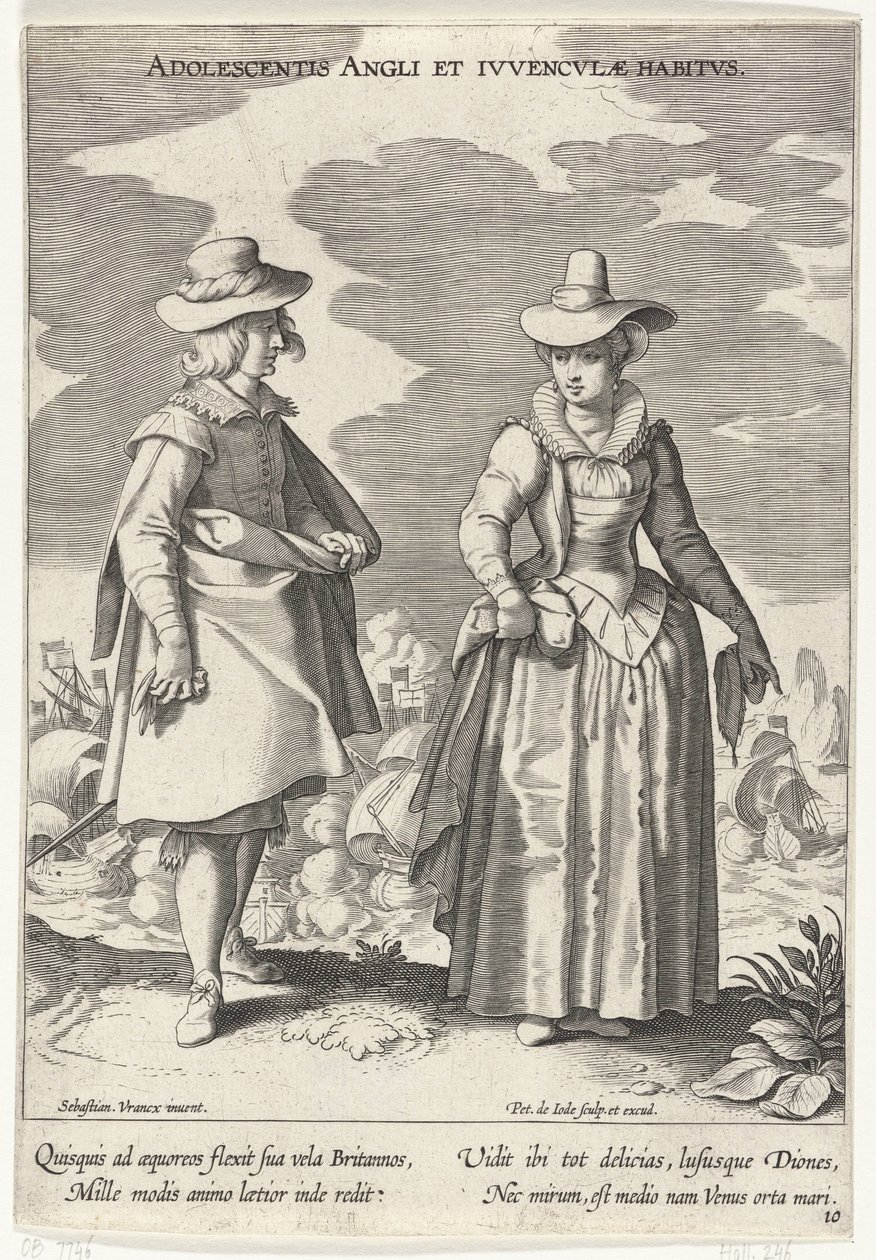 Paar, gekleed volgens de Engelse mode, ca. 1610. Kostuums uit verschillende landen (series title) door Pieter de Jode (I)