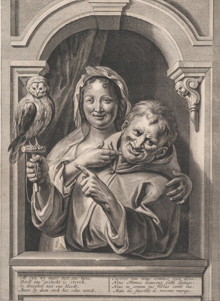 Een dwaas met een uil en een vrouw bij een raam door Pieter de Jode II