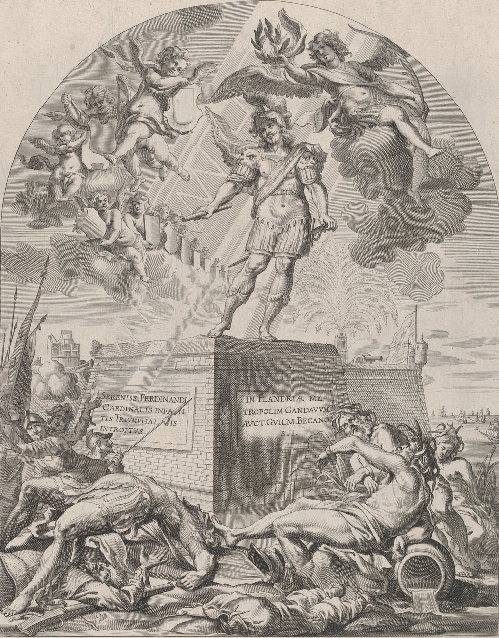 Ferdinand als Mars, staand op een voetstuk, uit Guillielmus Becanus