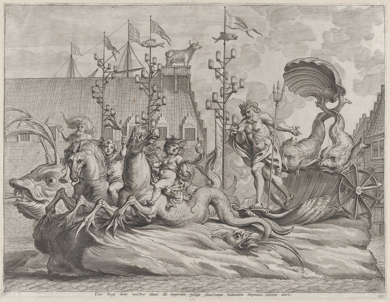 Philip van Spanje als Neptunus, rijdend in een wagen getrokken door twee zeepaarden, 1636 door Pieter de Jode II