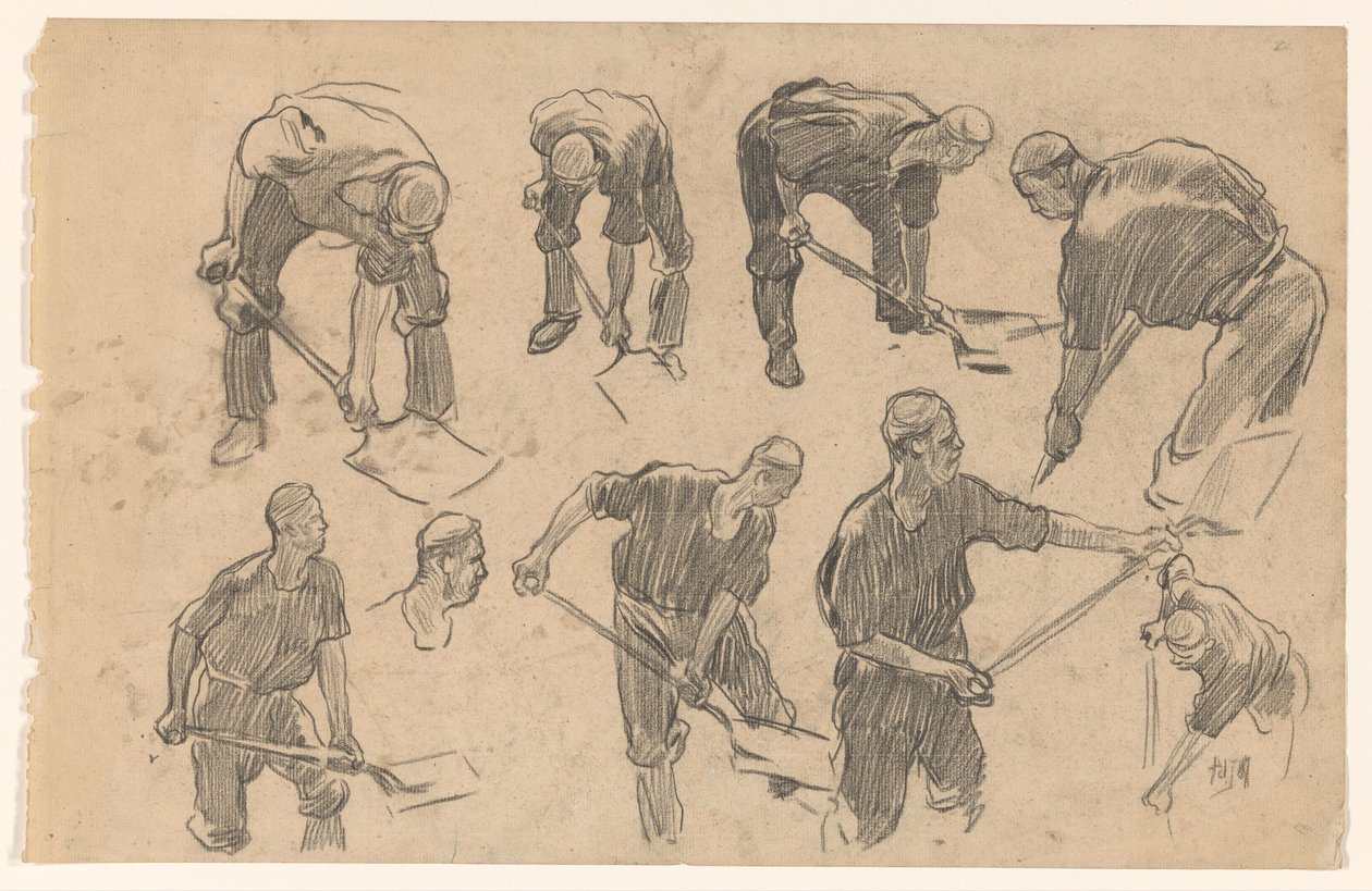 Studieblad met schetsen van een spittende arbeider door Pieter de Josselin