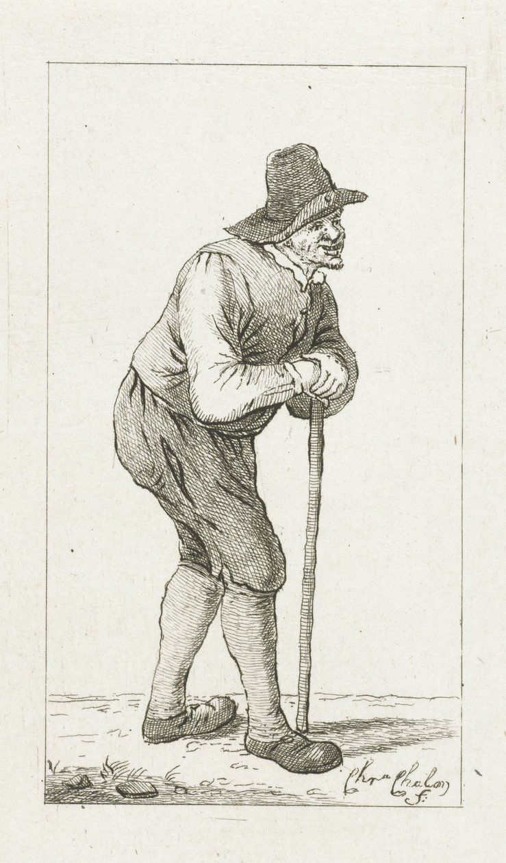 Man leunend op stok door Pieter de Mare