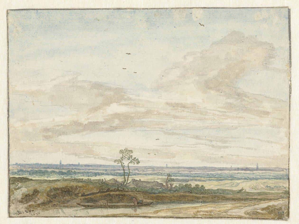 Wijd landschap met een weg langs een vaart door Pieter de Molijn