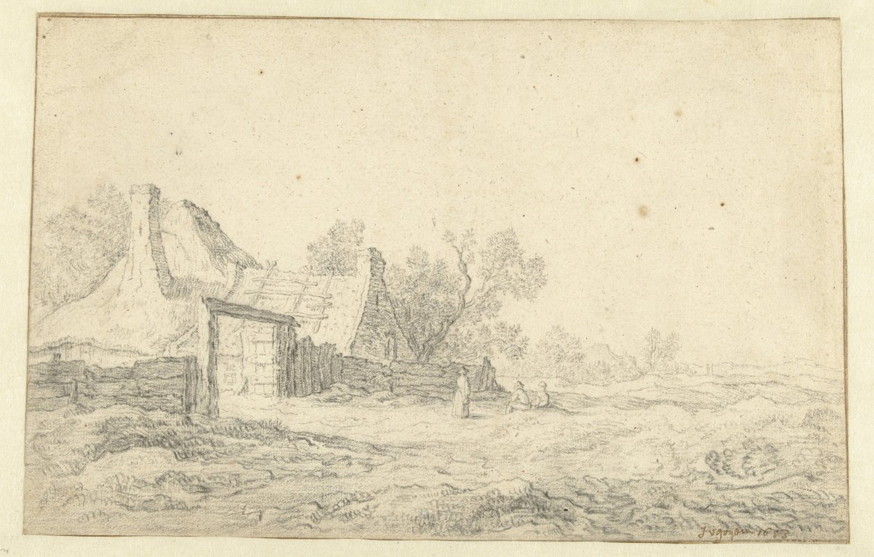 Duinlandschap met drie figuren voor een boerderij door Pieter de Neyn