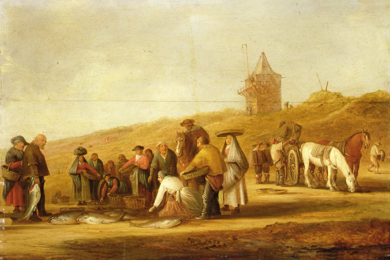 Vissers verkopen hun vangst op het strand door Pieter de Neyn