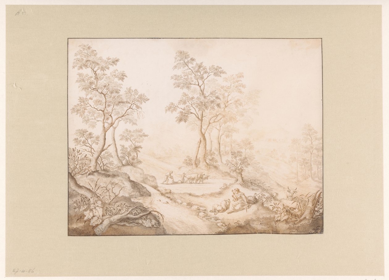Boomrijk landschap met vrouw, man en een boer door Pieter de Porck