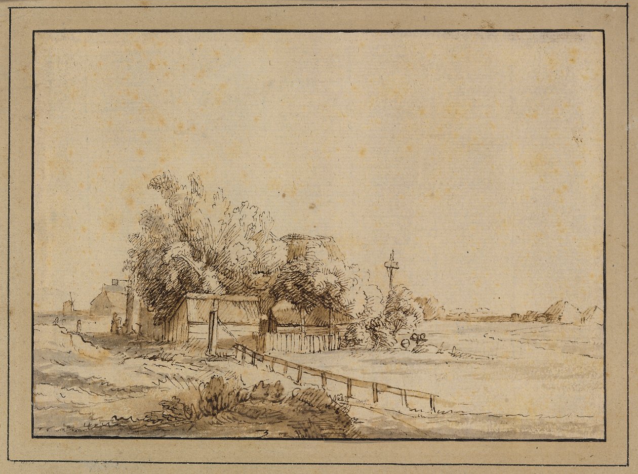 Figuren buiten een herberg, boerderijgebouwen en de paal van een duiventil, buiten Amsterdam door Pieter de With