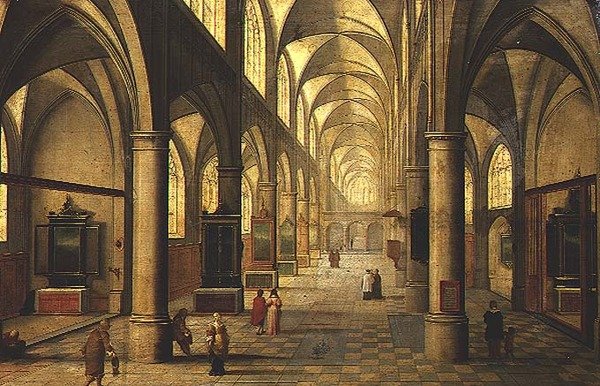 Interieur van een kathedraal met figuren door Pieter the Elder Neeffs