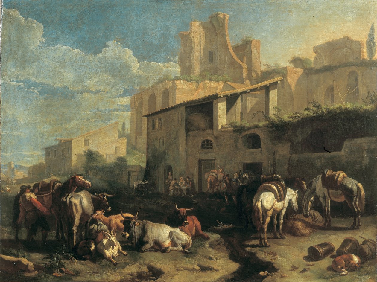 Reizigers en verschillende dieren stoppen voor een herberg met Romeinse ruïnes op de achtergrond door Pieter van Bloemen