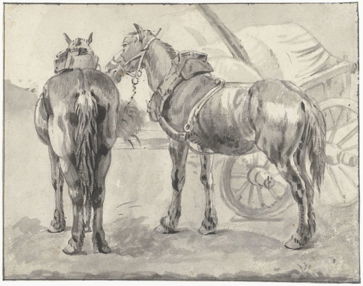 Twee tuigpaarden bij een kar door Pieter van Bloemen