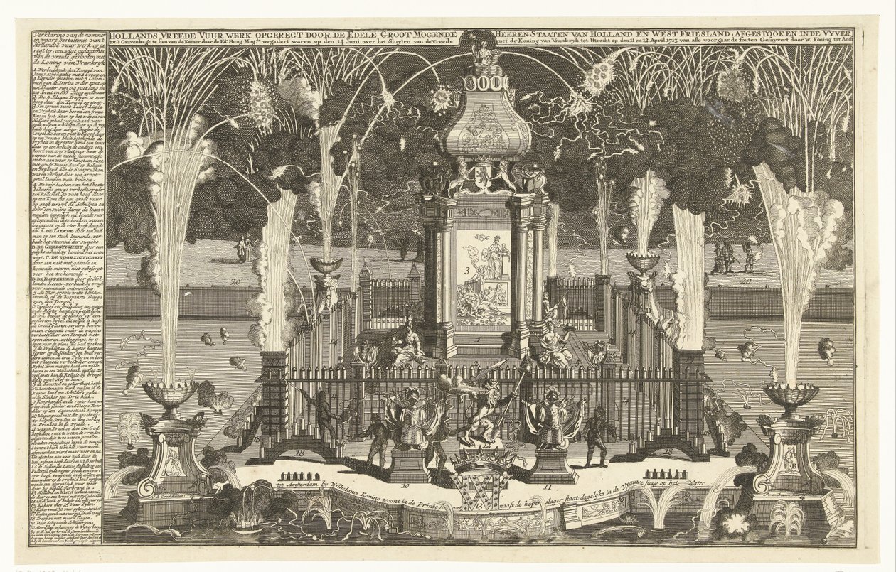 Vuurwerk ter ere van de vrede van Utrecht, 1713 door Pieter van Buysen jr.