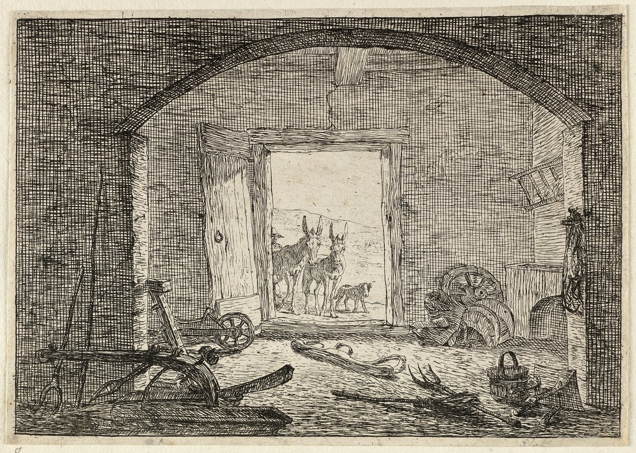 Ezels voor de deur van een stal door Pieter van Laer