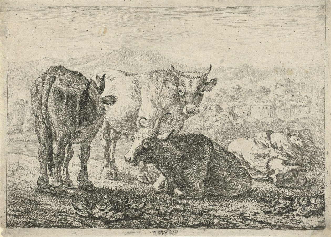 German: Drei Rinder und ein schlafender Hirte
French: Les boeufs
Dutch: Drie runderen en een slapende herder door Pieter van Laer