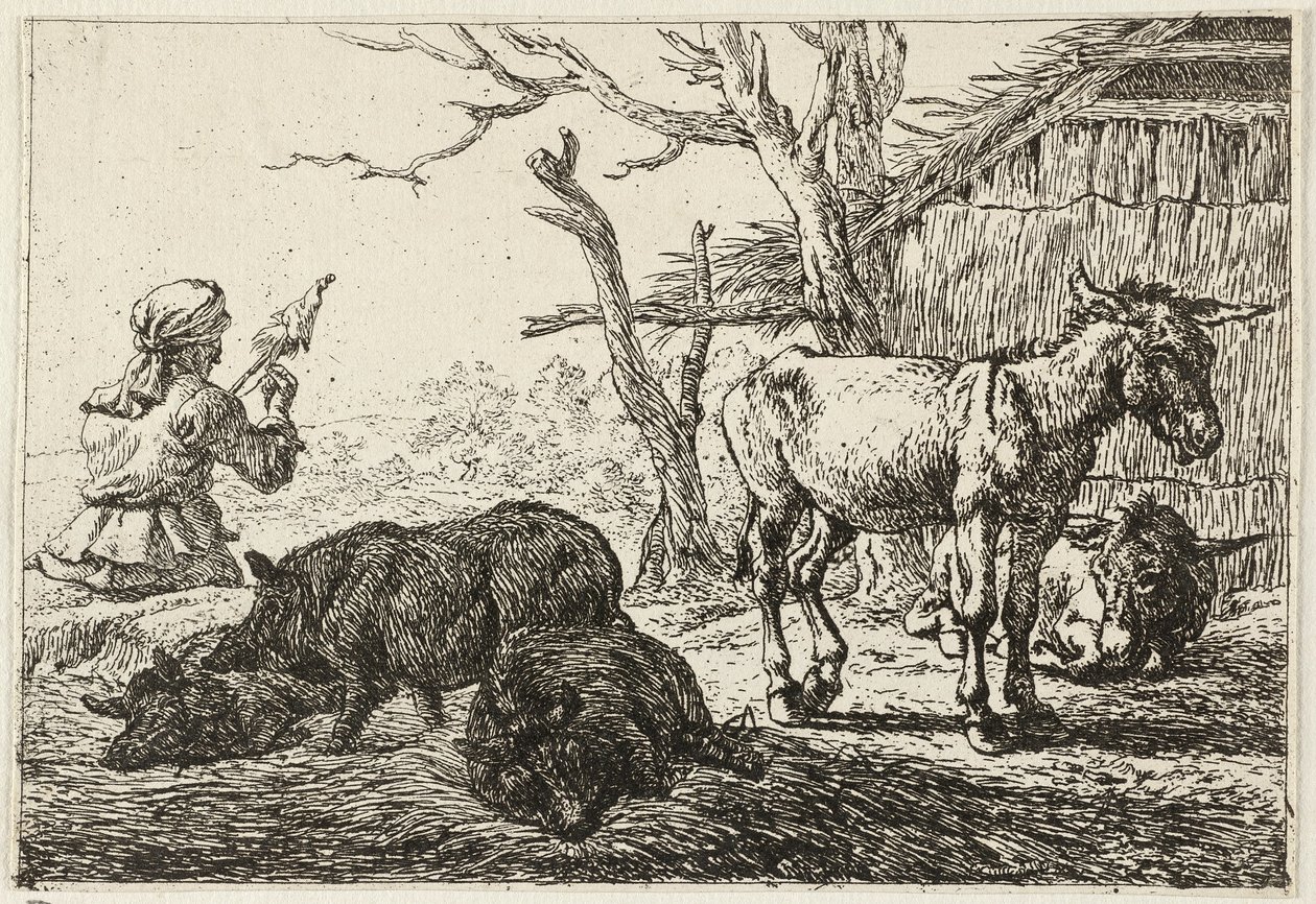 Varkens en ezels bij een stal, links een vrouw-spinner door Pieter van Laer