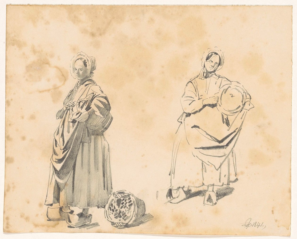 Twee studies van een staande vrouw met mand door Pieter van Loon