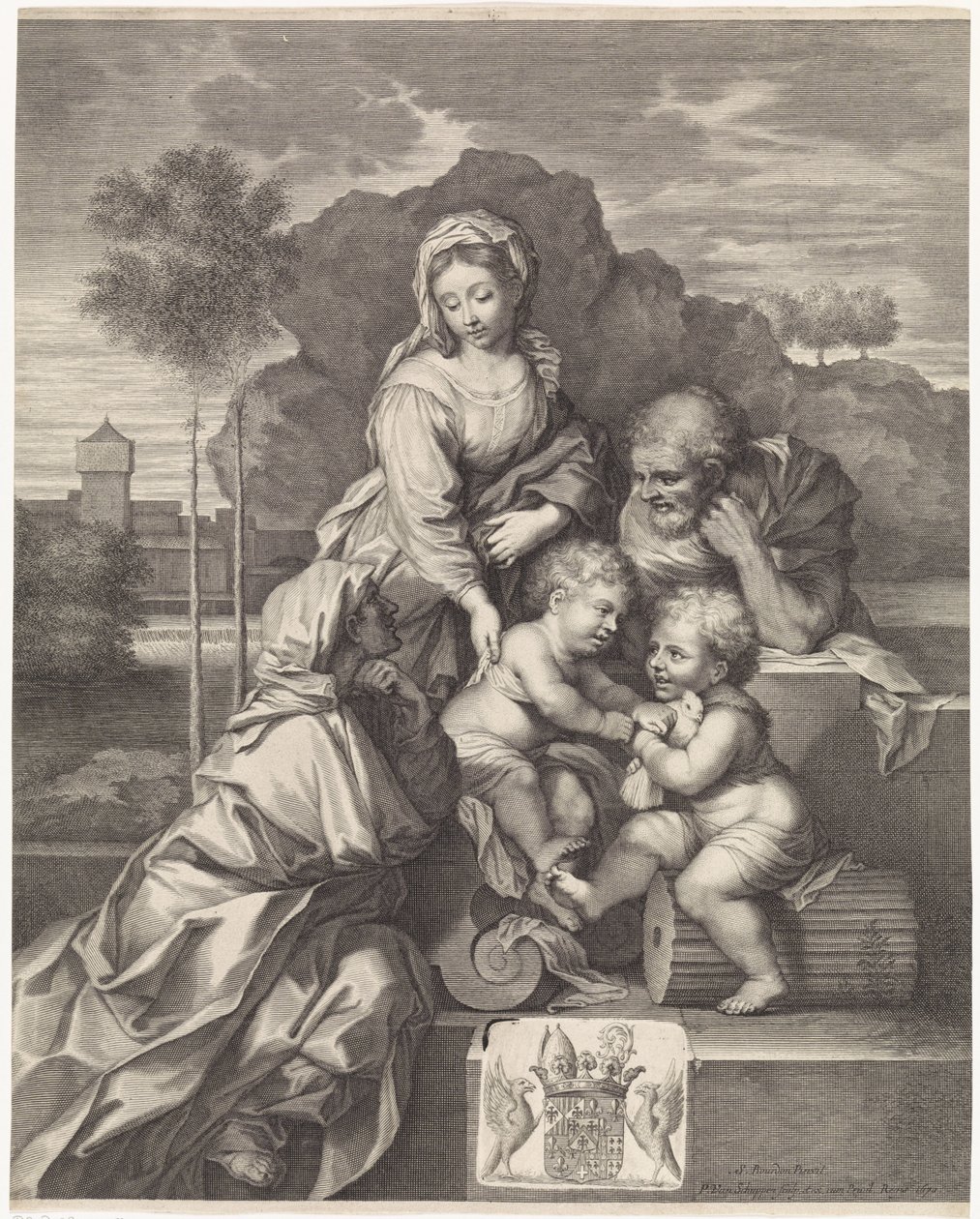Heilige familie met Elisabet en Johannes de Doper door Pieter van Schuppen