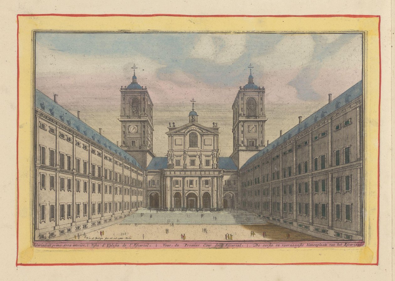 Gezicht op de binnenplaats en de toegang tot de kerk van San Lorenzo in het Escorial door Pieter van den Berge
