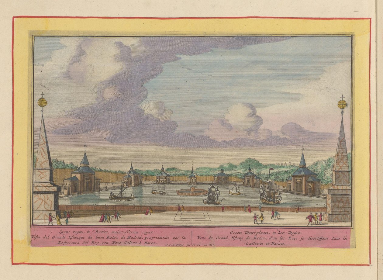Grote vijver met schepen in de tuinen van het Palacio del Buen Retiro te Madrid door Pieter van den Berge