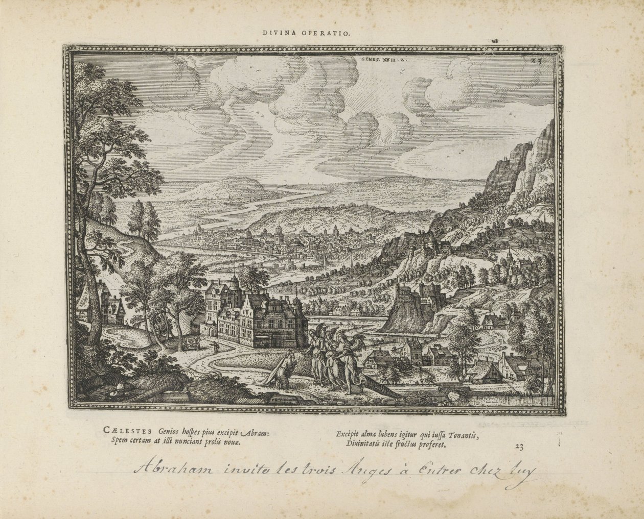 Landschap met Abraham en de drie engelen door Pieter van der Borcht (I)