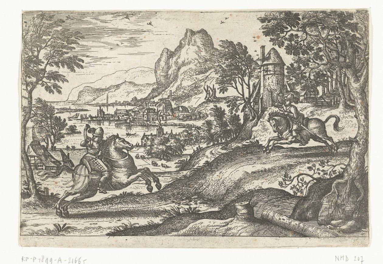 Landschap met twee ruiters door Pieter van der Borcht (I)