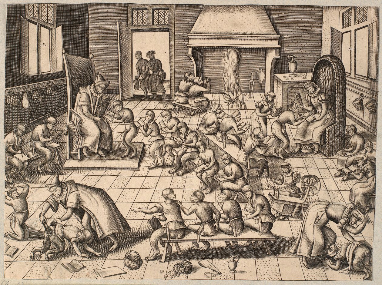De klas. Apen die les krijgen en gestraft worden in een klaslokaal door Pieter van der Borcht