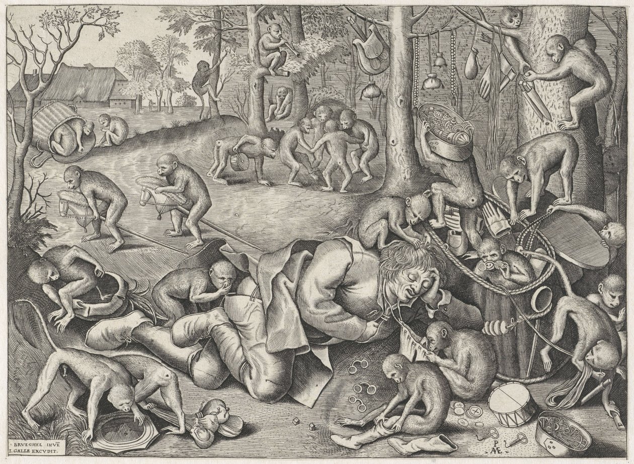 Marskramer door apen beroofd door Pieter van der Heyden