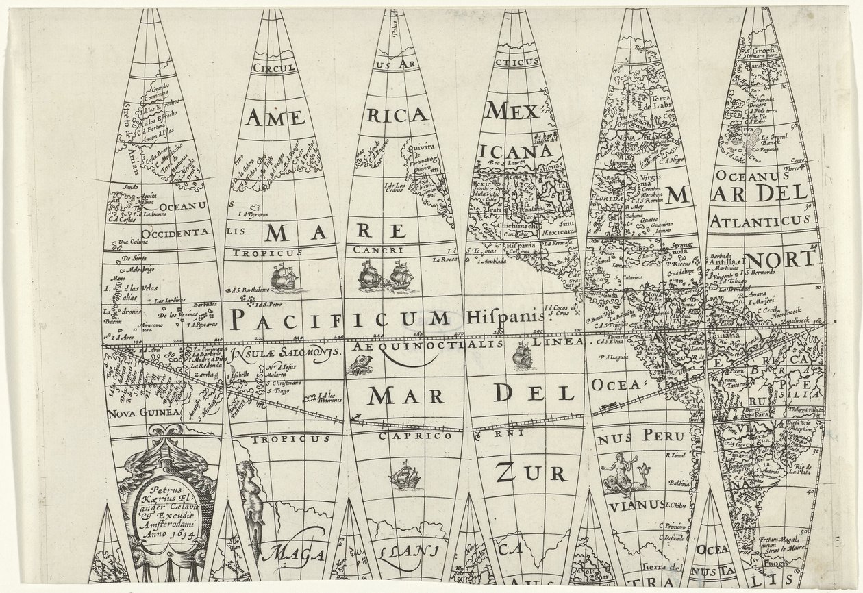 Globesegmenten van een stuk van het noordelijk halfrond door Pieter van der Keere