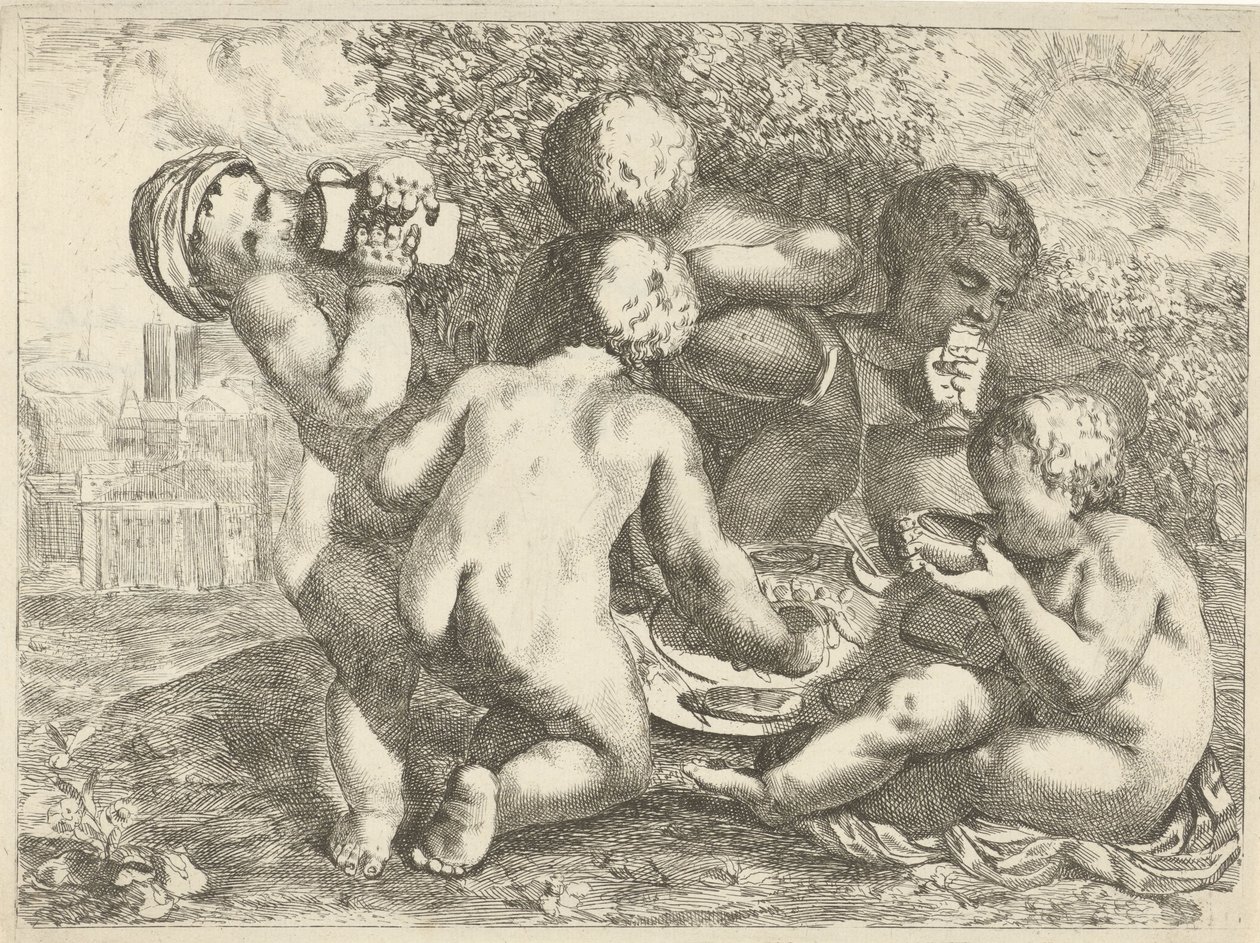 Bacchanaal met vijf putti door Pieter van der Plas (II)