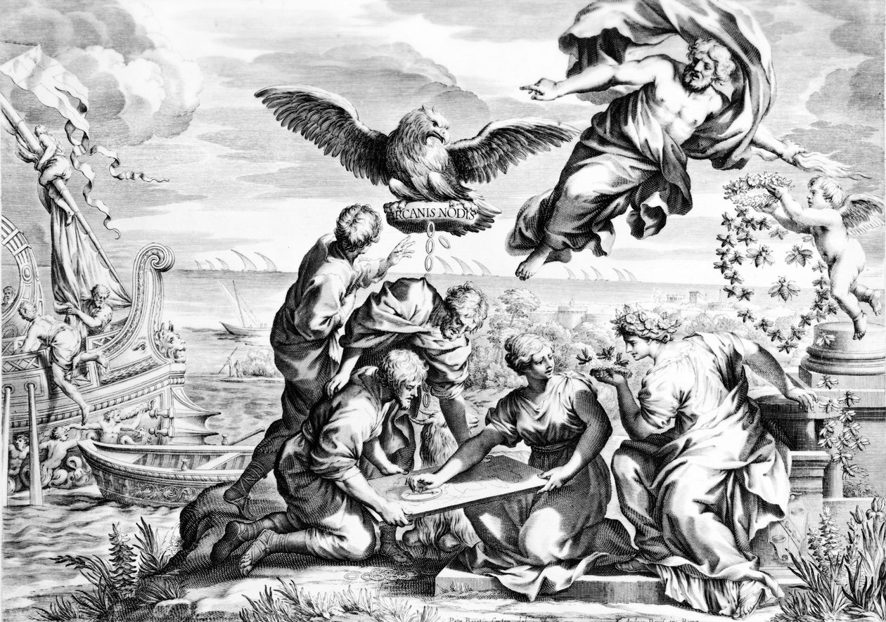 Allegorie van de Barberini Familie, prent gemaakt door Karl Audran c.1623-40 door Pietro da Cortona