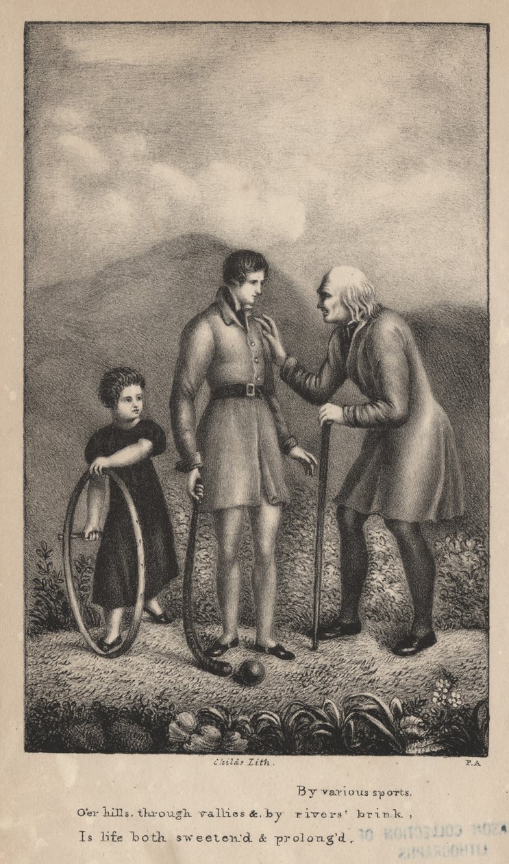 Door verschillende sporten, over de heuvels, door de valleien en langs de rivieroevers, wordt het leven zowel zoeter als verlengd, litho door C.G. Childs door Pietro Ancora