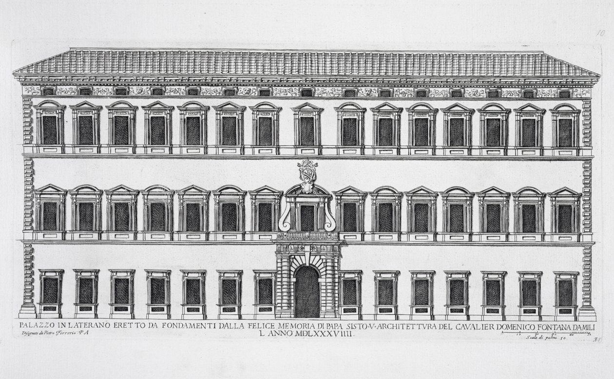 Uitzicht op de gevel van het Lateraanse Paleis, Rome, in opdracht van Paus Sixtus V en ontworpen door Domenico Fontana in 1589 door Pietro Ferrerio